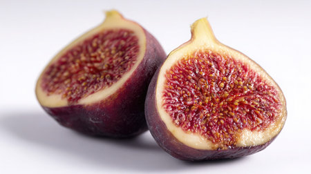 Fresh fig cut in half showing soft inner texture and seeds on a white backgroundの素材