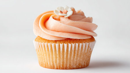 Cupcake with swirl of frosting and small decorative topping placed on whiteの素材
