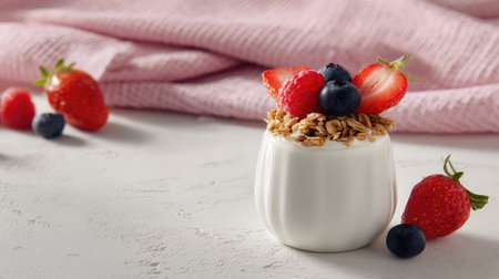 Cup of yogurt topped with granola and berries placed on bright white surfaceの素材