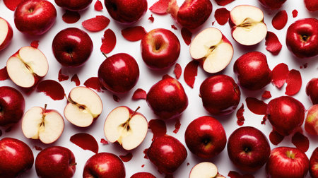 Flat lay of whole and sliced apples forming a natural pattern on whiteの素材