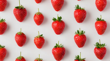 Flat lay of strawberries with stems arranged in grid-like pattern on white backdropの素材