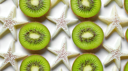 Close-up of sliced starfruit and kiwi arranged in rows on a pure white backgroundの素材