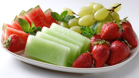 Fresh fruit platter with melon, grapes, and strawberries neatly displayed on whiteの素材