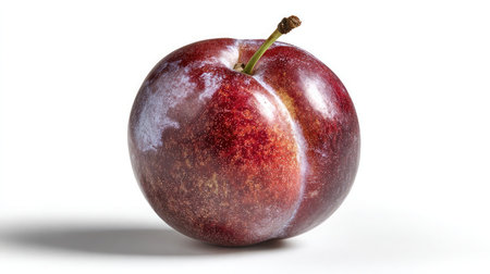 Clean image of a single red plum with matte skin sitting centered on a white backgroundの素材