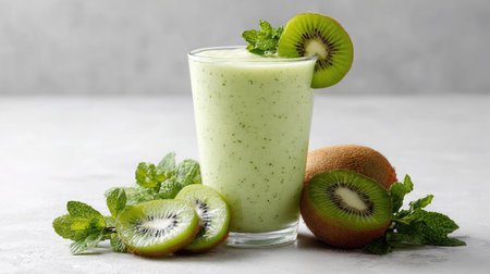 Glass of kiwi smoothie surrounded by fresh kiwi slices and mint sprigs on a white surfaceの素材