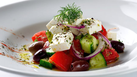 Greek salad with olives, feta, and cucumbers in a white ceramic bowl on whiteの素材