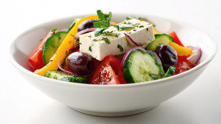 Greek salad with olives, feta, and cucumbers in a white ceramic bowl on whiteの素材
