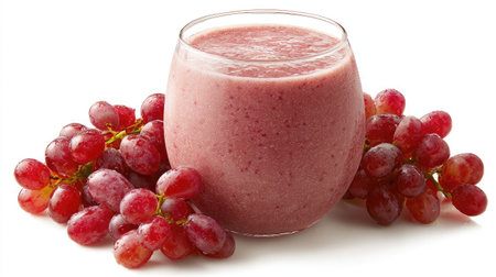 Grape smoothie in a rounded glass with grape clusters neatly arranged beside it on whiteの素材