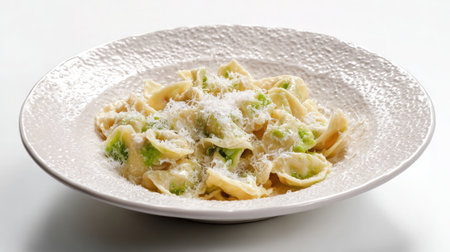 Pasta with creamy sauce and parmesan cheese on white ceramic plate over white surfaceの素材