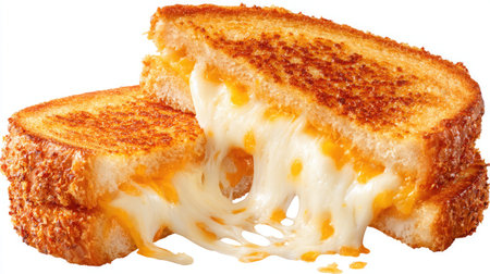 Grilled cheese sandwich sliced in half with melted cheese stretching on whiteの素材