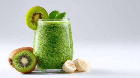 Green smoothie made with spinach, kiwi, and banana served in a glass against a clean white backgroundの素材