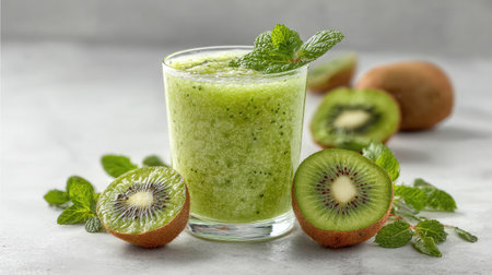 Glass of kiwi smoothie surrounded by fresh kiwi slices and mint sprigs on a white surfaceの素材