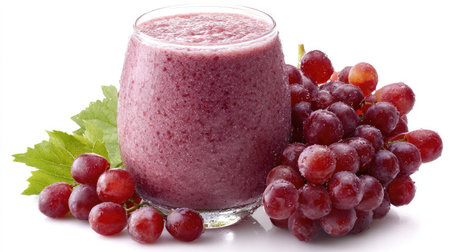 Grape smoothie in a rounded glass with grape clusters neatly arranged beside it on whiteの素材