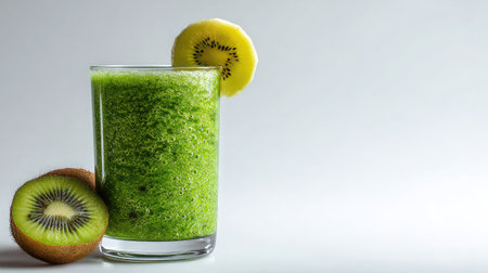 Green smoothie made with spinach, kiwi, and banana served in a glass against a clean white backgroundの素材