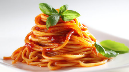 Plate of spaghetti with tomato sauce and basil leaves neatly arranged on a white backgroundの素材