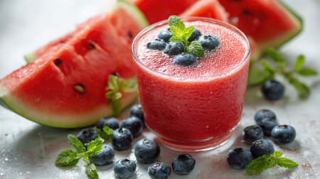 Red smoothie made with watermelon and berries in a clear tumbler with condensation on whiteの素材