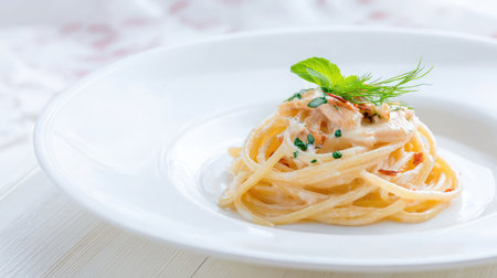 Pasta with creamy sauce and parmesan cheese on white ceramic plate over white surfaceの素材