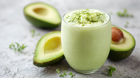 Thick avocado smoothie in a frosted glass with avocado halves placed nearby on white backgroundの素材