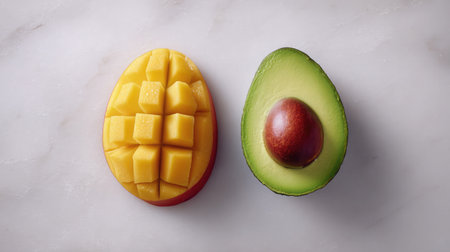 Halved mango and avocado side by side on a white surface showing tropical fruit contrastの素材