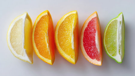 Neatly arranged citrus wedges including lemon, lime, orange, and grapefruit on whiteの素材