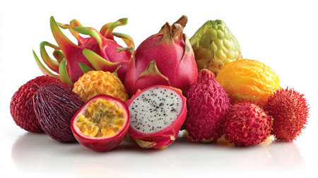 Mixed tropical fruits including passion fruit, dragon fruit, and lychee displayed on whiteの素材