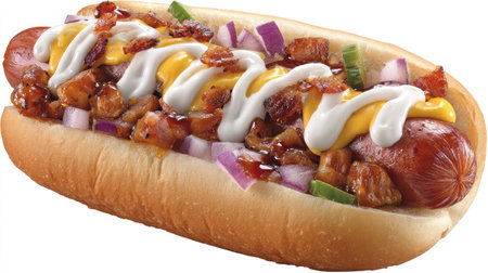 Gourmet hotdog with toppings like onions and mustard on white backgroundの素材