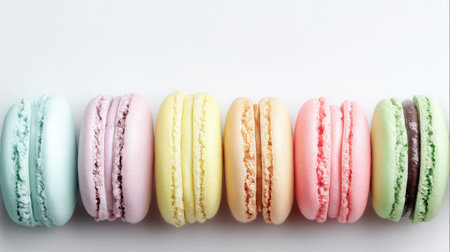 Macarons in pastel colors arranged in a row across white backgroundの素材