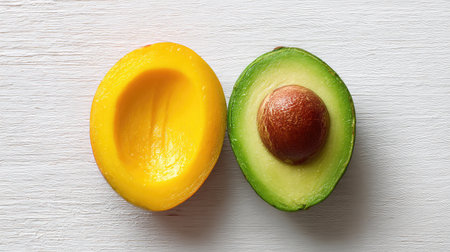 Halved mango and avocado side by side on a white surface showing tropical fruit contrastの素材