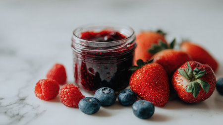 Jar of homemade jam with fruit beside it on a plain white surfaceの素材
