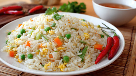 Plate of fried rice with vegetables and garnish centered on clean whiteの素材