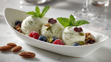 Ice cream scoops in a bowl with mint leaves and fruit toppings on clean white backgroundの素材