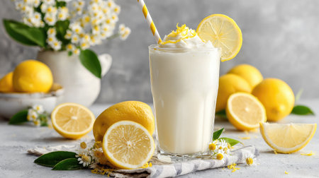 Lemon smoothie in a chilled glass with a lemon wedge and fresh zest beside it on whiteの素材