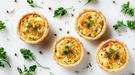 Mini quiches with golden crusts arranged in a triangle on bright white backgroundの素材