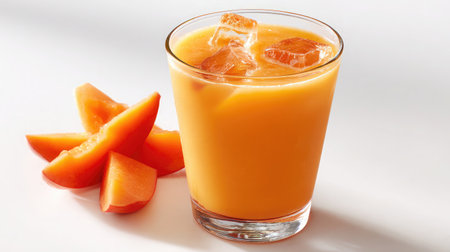 Papaya smoothie in a minimalist glass with fruit slices and ice on a seamless white backgroundの素材