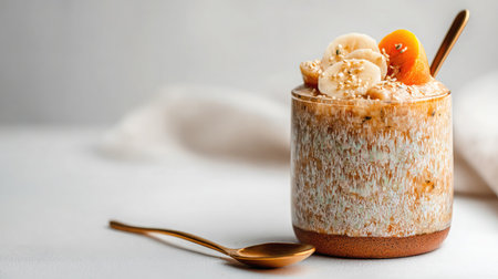 Persimmon smoothie in a small bowl with fruit slices and spoon styled cleanly on white backgroundの素材