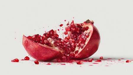 Pomegranate broken open to reveal ruby red seeds on a clean white backgroundの素材
