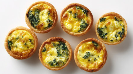 Mini quiches with golden crusts arranged in a triangle on bright white backgroundの素材