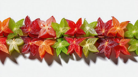 Starfruit sliced into stars and arranged in a line on white with shadowsの素材
