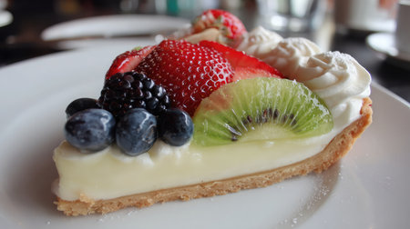Slice of fruit tart with glossy berries and cream on a white plateの素材
