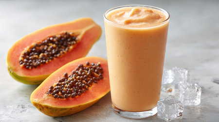 Papaya smoothie in a minimalist glass with fruit slices and ice on a seamless white backgroundの素材