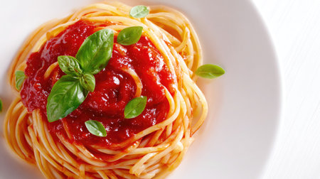 Plate of spaghetti with tomato sauce and basil leaves neatly arranged on a white backgroundの素材