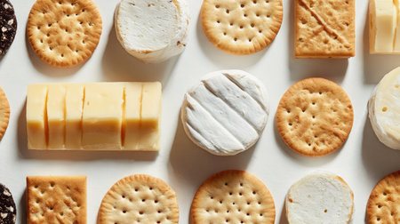 Sliced cheese and crackers arranged in rows with minimal styling on a white backgroundの素材
