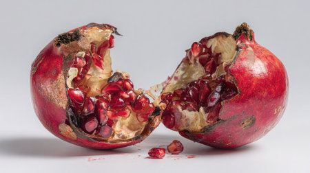 Pomegranate broken open to reveal ruby red seeds on a clean white backgroundの素材