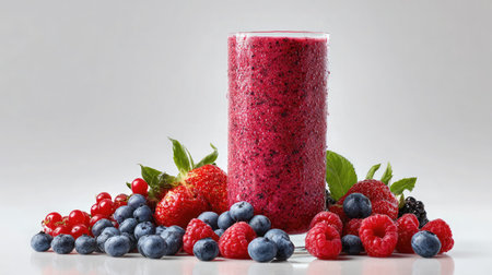 Raspberry smoothie in a tall glass with berries scattered around on clean white backgroundの素材