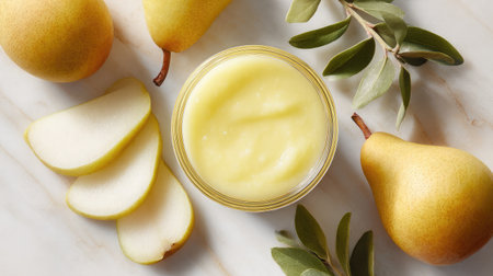 Pear smoothie with subtle color in a clear cup and sliced pears placed symmetrically on whiteの素材