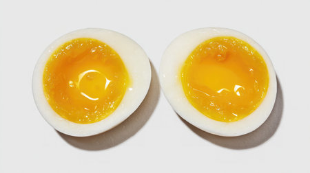 Soft-boiled eggs halved with runny yolk on a clean white backgroundの素材
