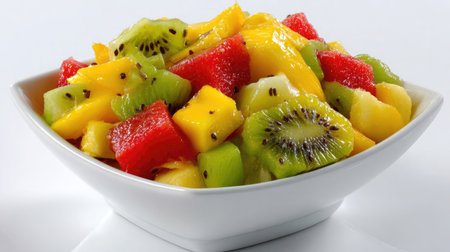 Small bowl of mixed fruit salad with diced mango, kiwi, and watermelon on white surfaceの素材