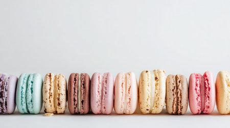Macarons in pastel colors arranged in a row across white backgroundの素材