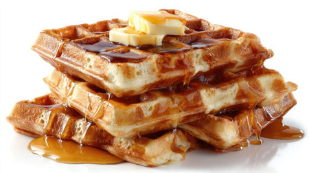 Stack of waffles with butter and syrup drizzled, captured on white backgroundの素材