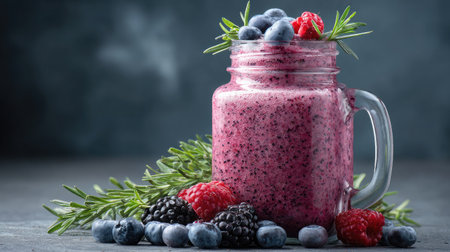 Mixed berry smoothie with blueberries, raspberries, and blackberries in a mason jar on whiteの素材